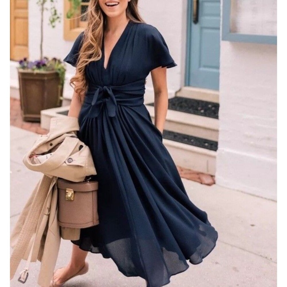 Gal Meets Glam Womens 18 Jane Navy Tie Waist Midi Dress Short Sleeve V Neck